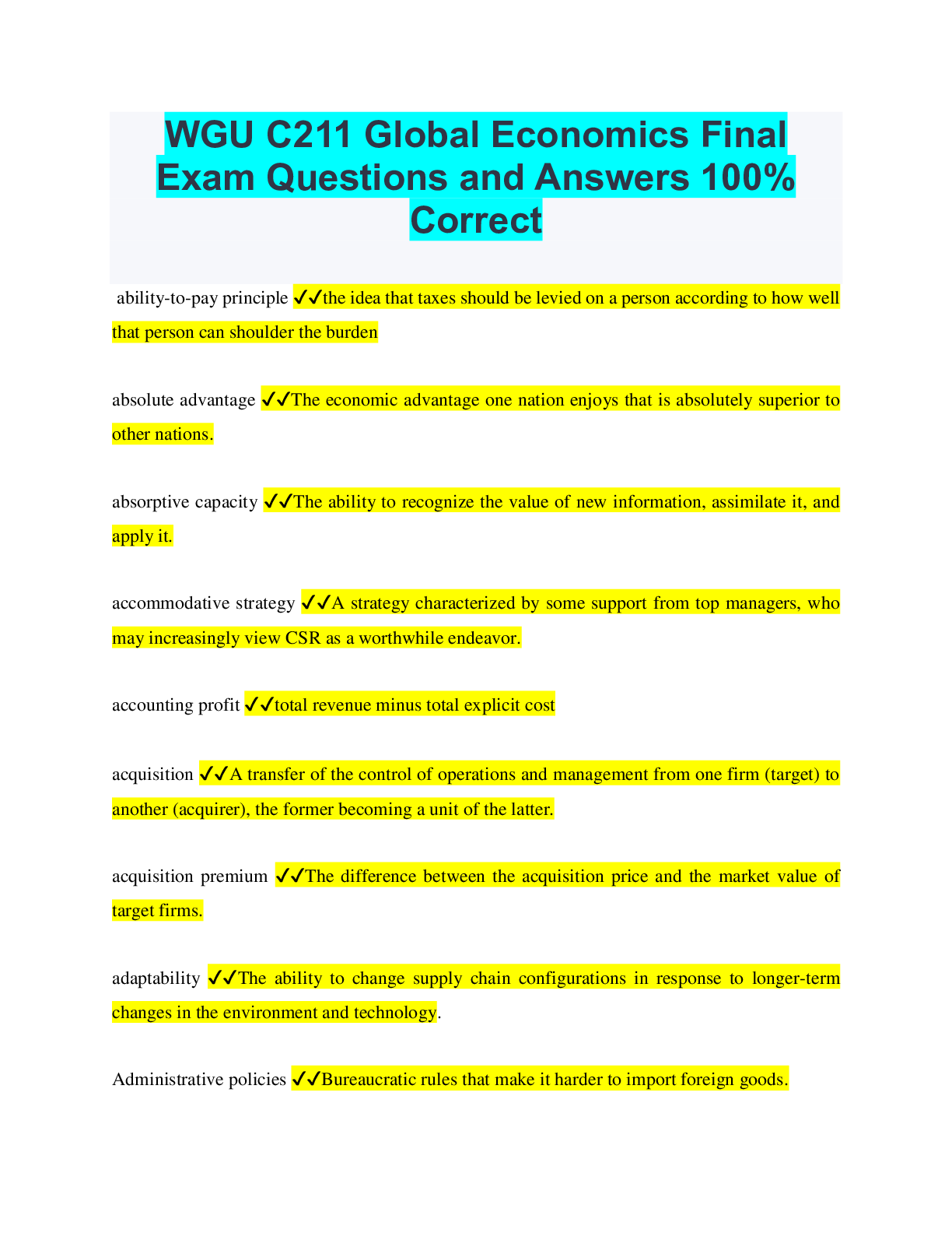 Recommended document preview for WGU C211 Global Economics Final Exam Questions and Answers 100% Correct